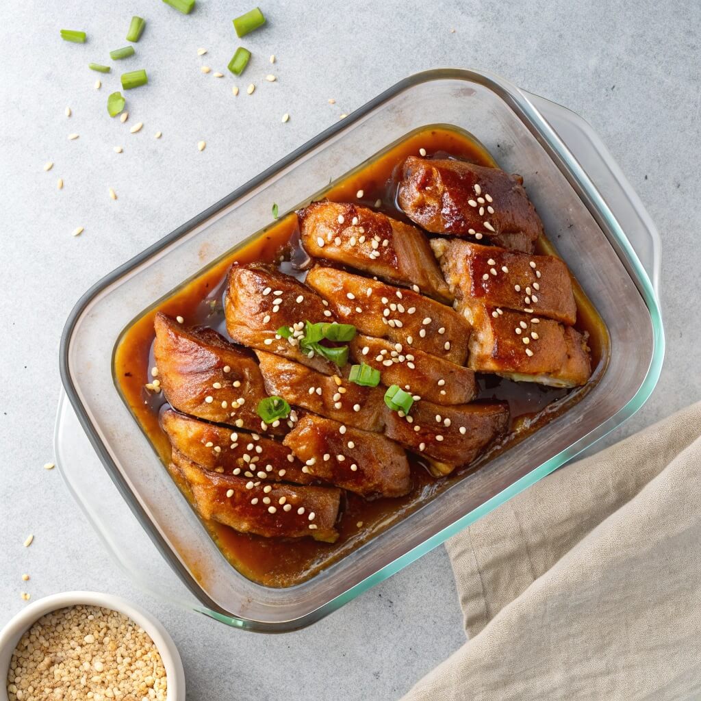 Chicken breast coated in sesame sauce, placed in a glass baking dish against a plain white background.
Baked Teriyaki Chicken Recipe
Baked Teriyaki Chicken
Baked Teriyaki