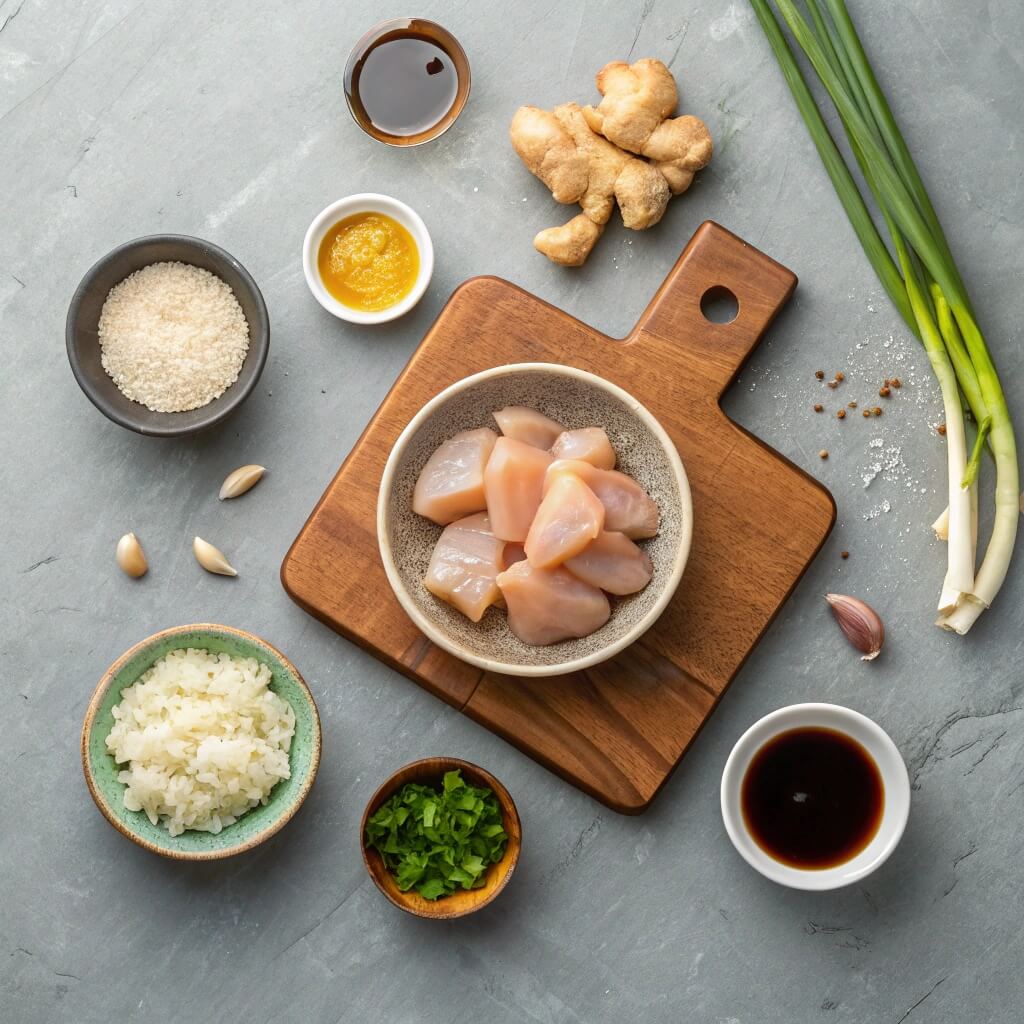 A cutting board displays chicken breast, rice, ginger, garlic, and other ingredients prepared for cooking.