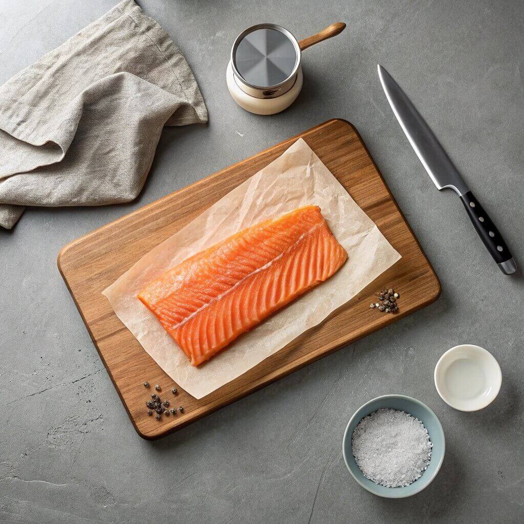 Fresh salmon fillet on a wooden cutting board, accompanied by a knife and a small bowl of salt.