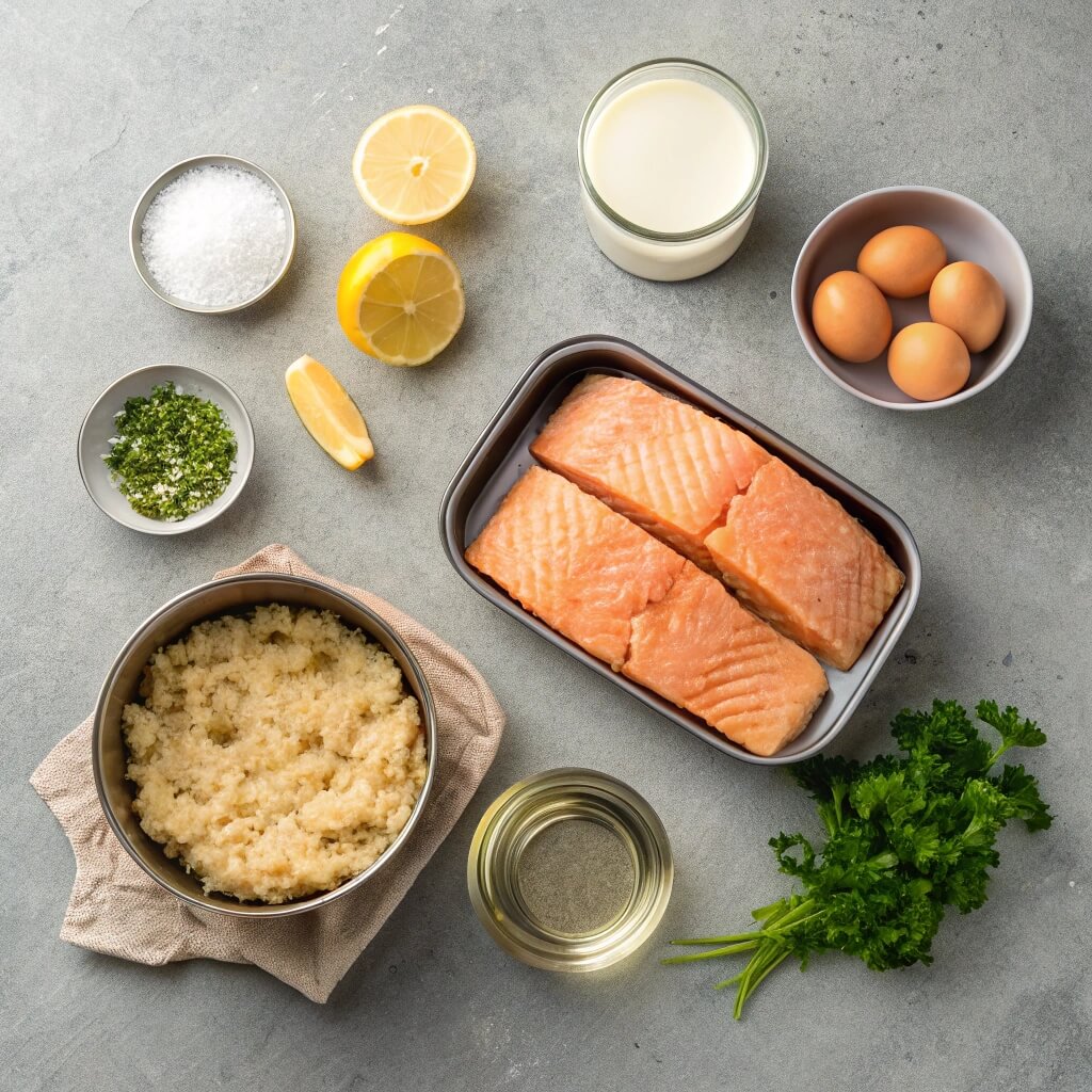 Ingredients for a dish including salmon, eggs, milk, and various other components arranged on a kitchen countertop.