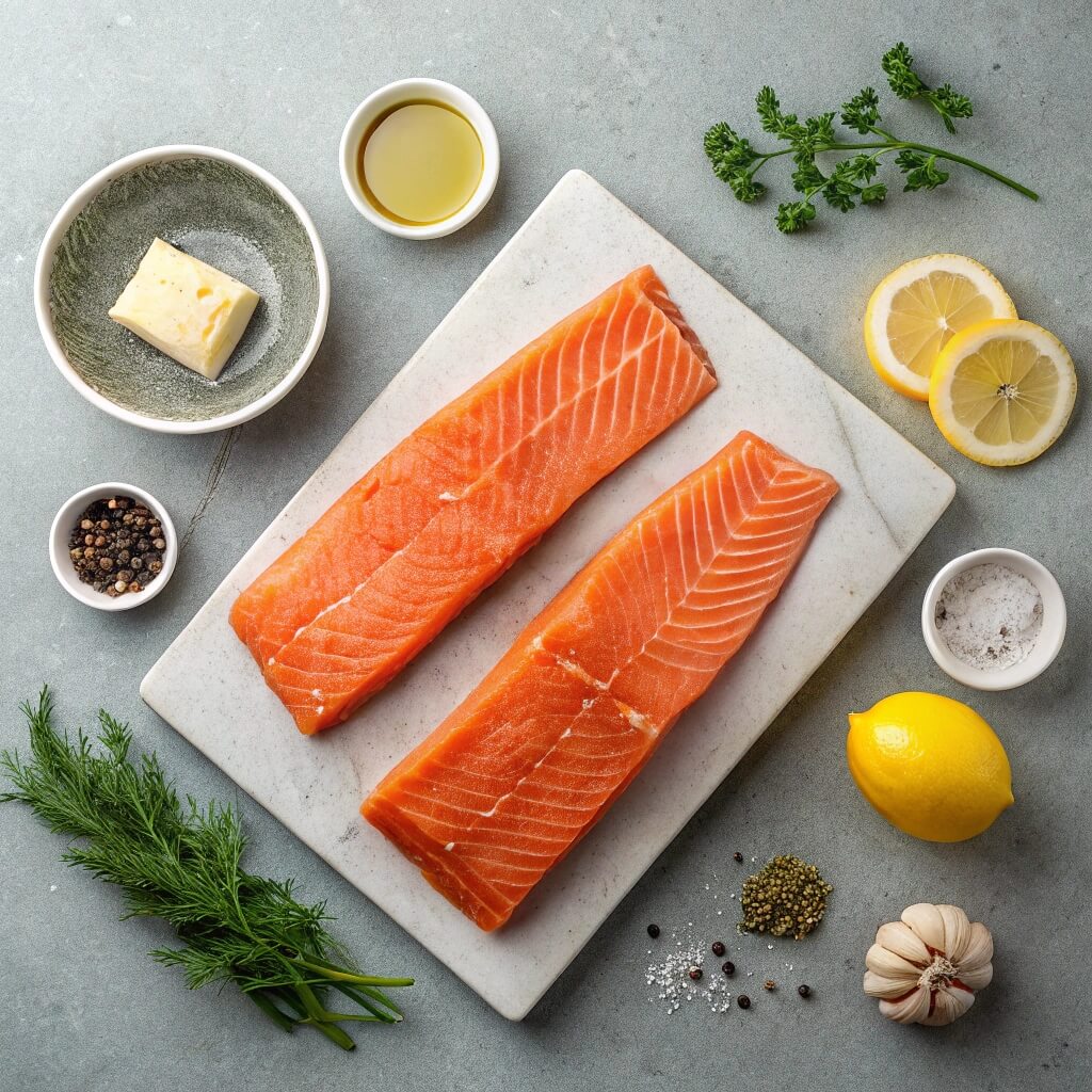 Two salmon fillets on a cutting board, surrounded by fresh herbs, spices, and breadcrumbs ready for preparation.