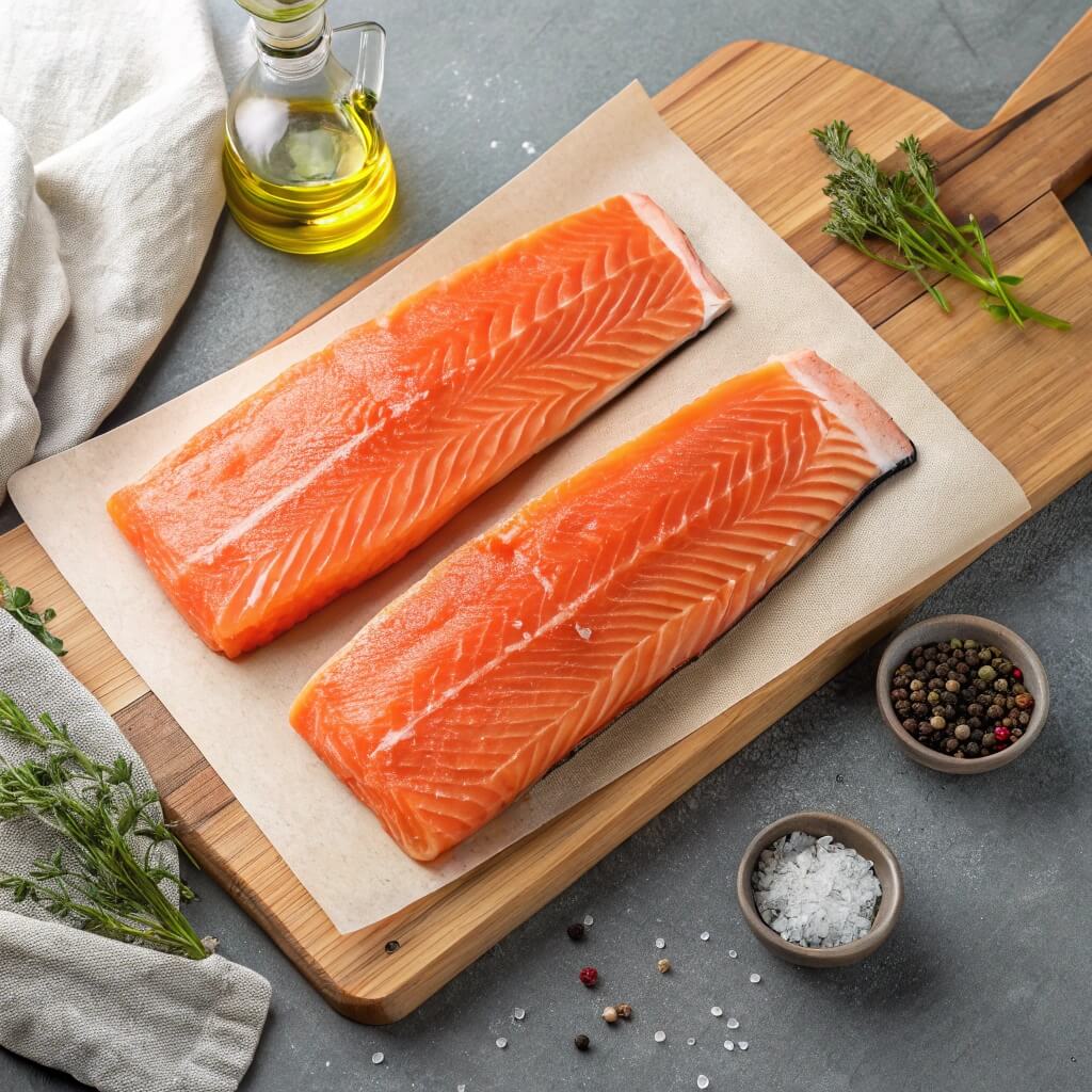 Two raw salmon fillets on a cutting board, surrounded by fresh herbs and spices.