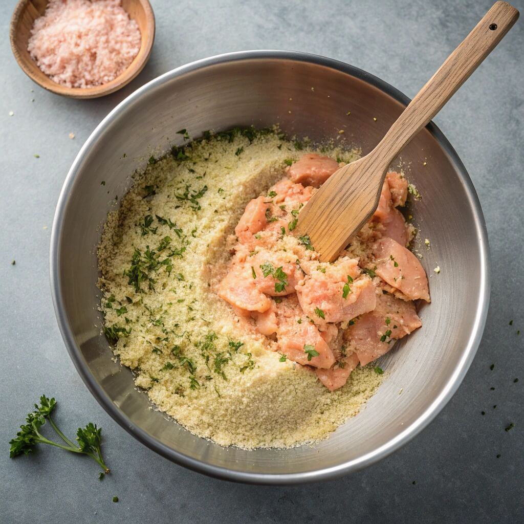 salmon into the breadcrumb mixture using a spatula.
Mix just until combined