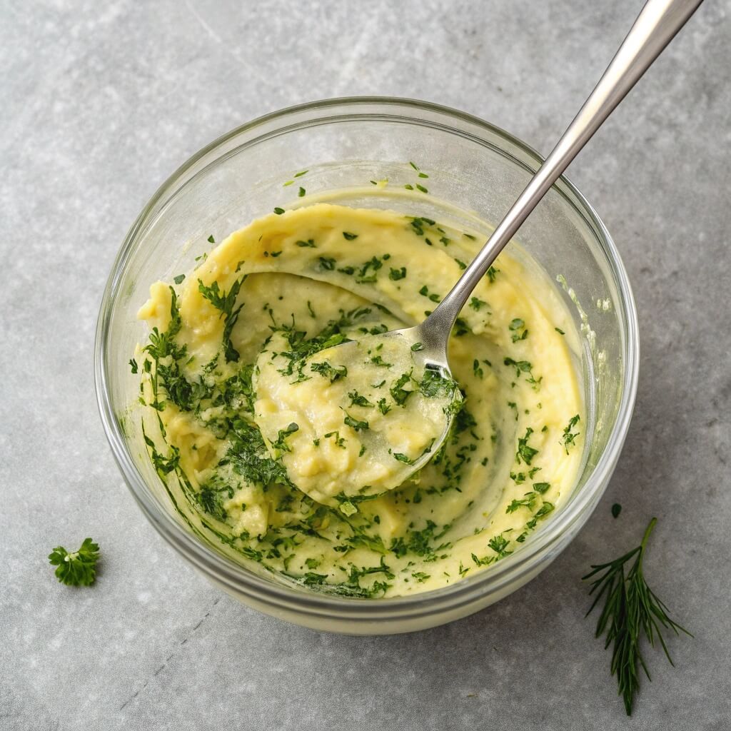 Homemade mayonnaise in a glass bowl, surrounded by spices like salt, pepper, garlic powder, paprika, and thyme.