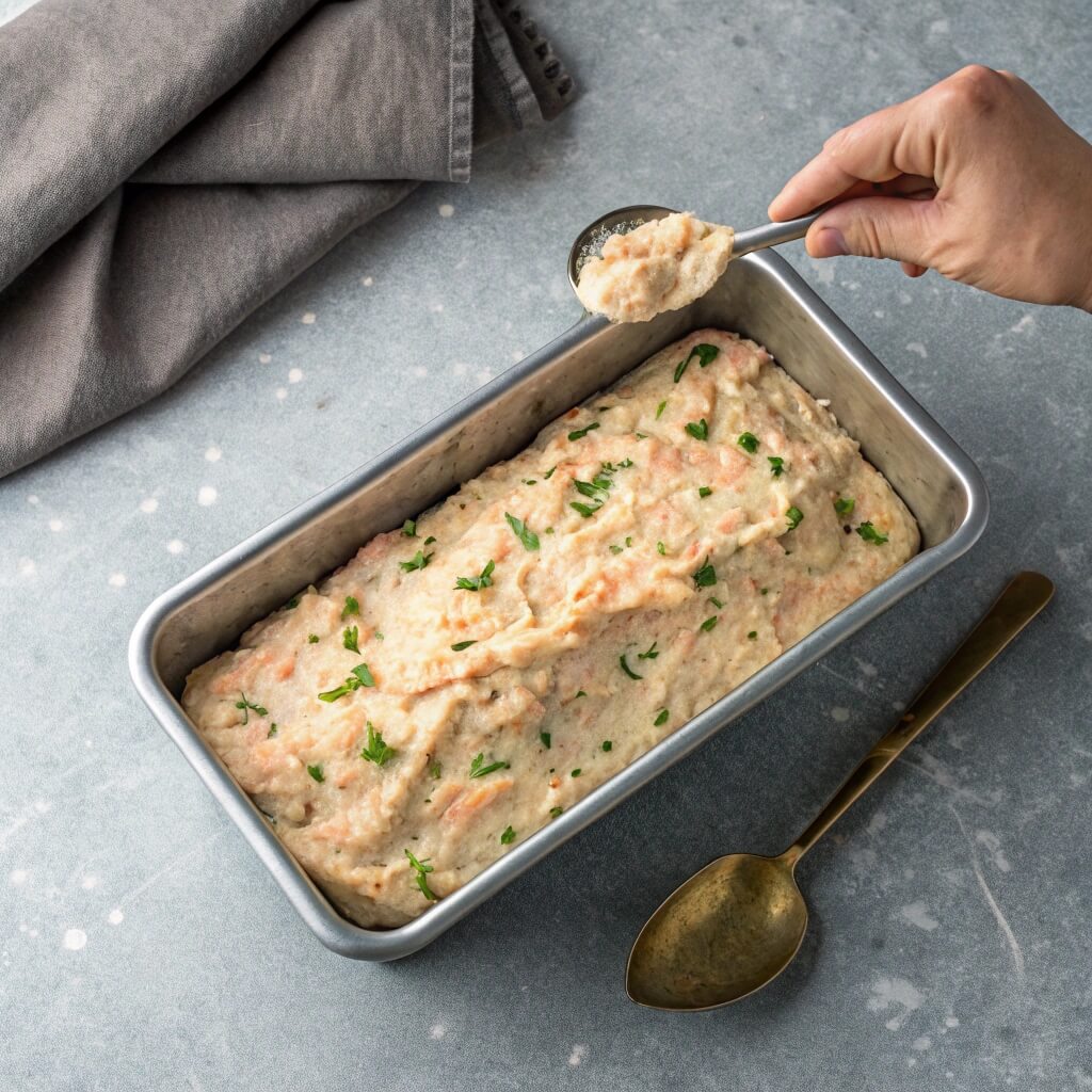 A person scoops fresh breadcrumbs from a loaf of bread using a spoon.
Salmon Loaf Recipe