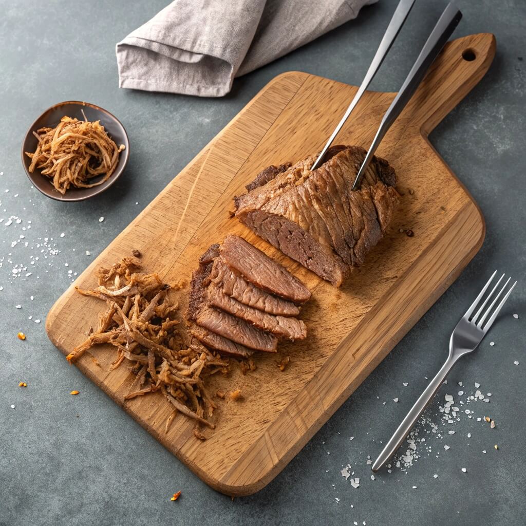 A wooden cutting board displaying sliced meat alongside chopped onions.