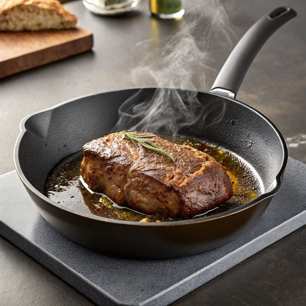A perfectly cooked steak in a frying pan, surrounded by aromatic herbs enhancing its presentation.