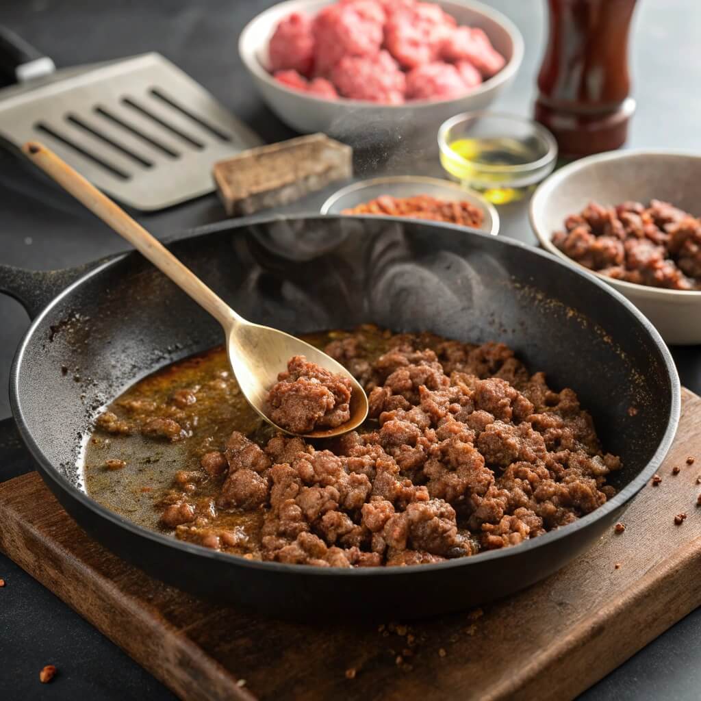 A skillet containing ground meat mixed with various spices, ready for cooking.