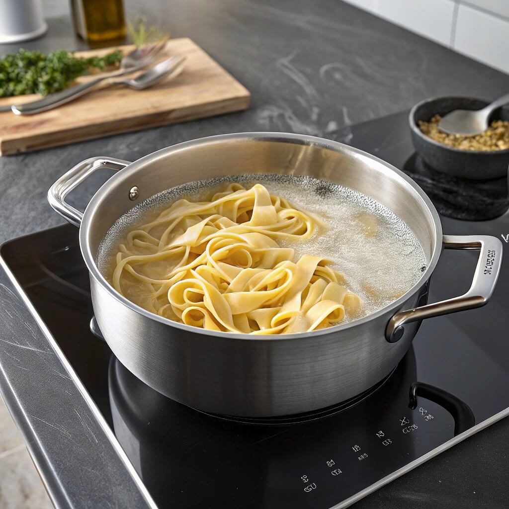 A pot of pasta is boiling on a stove, with steam rising from the surface.