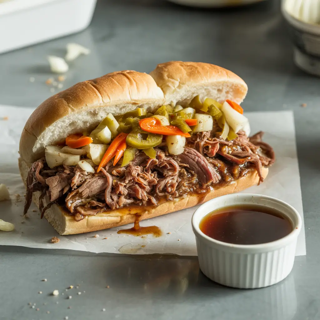 A close-up of a slow cooker pulled pork sandwich, featuring tender pork, barbecue sauce, and a soft bun on a wooden table
Italian Beef