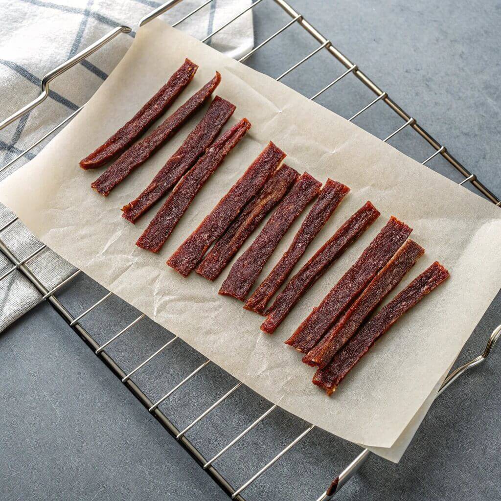 A baking sheet filled with raw beef strips, prepared for seasoning and cooking.