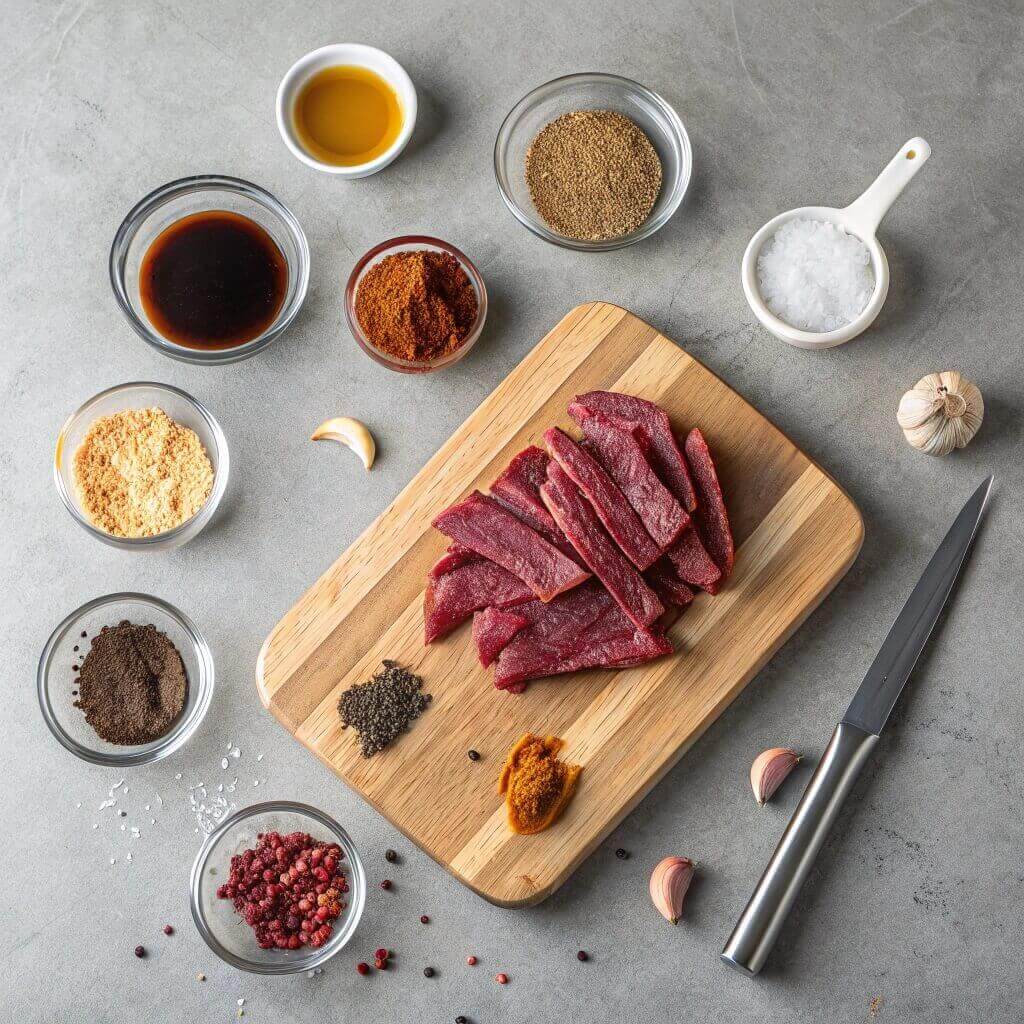 Raw beef on a wooden cutting board surrounded by various spices and herbs ready for preparation.