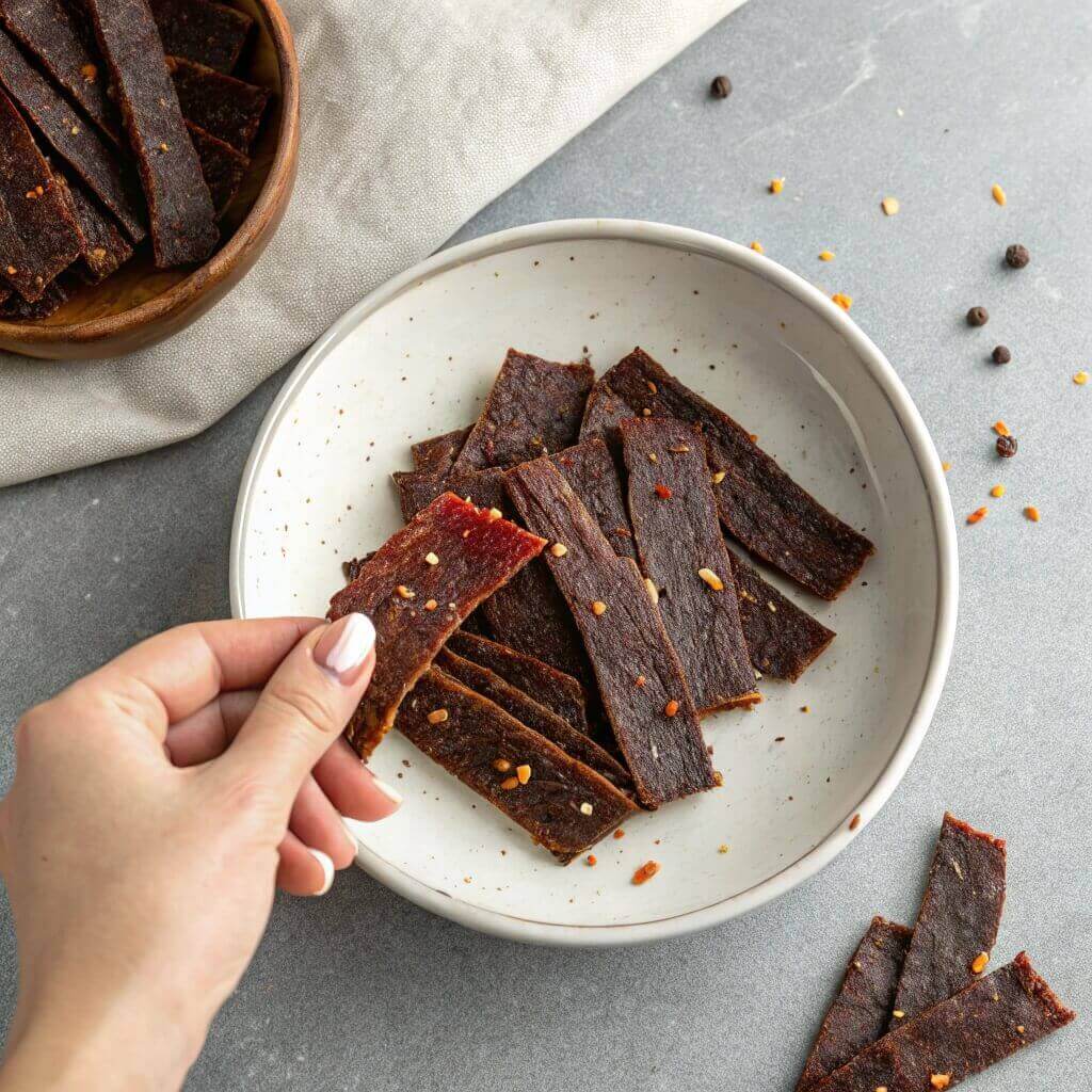 A hand holds a piece of beef jerky above a white plate, showcasing the snack's texture and color.