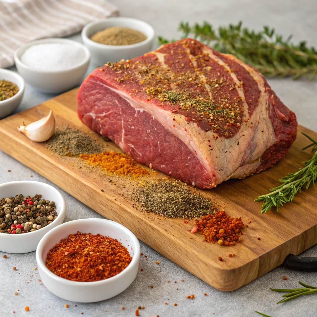 Raw beef on a wooden cutting board surrounded by various spices, ready for preparation.
Italian beef recipe