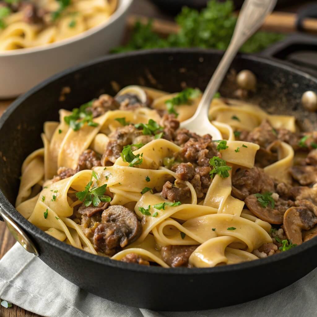 A hearty one pot beef stroganoff served in a bowl, featuring tender beef, mushrooms, and creamy sauce over pasta.
Ground Beef Stroganoff Recipe
Ground Beef Stroganoff