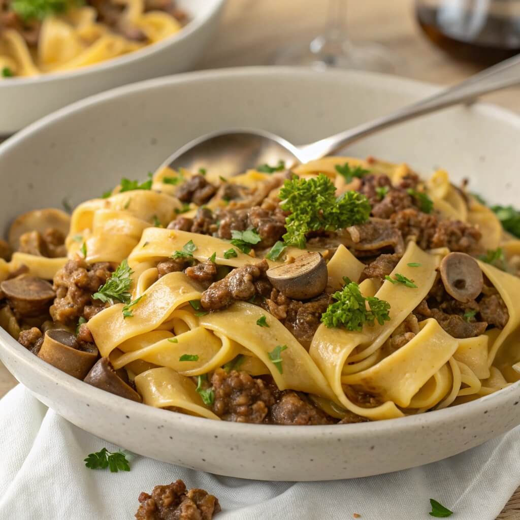 A bowl of pasta topped with meat and mushrooms, showcasing a hearty and savory dish.
