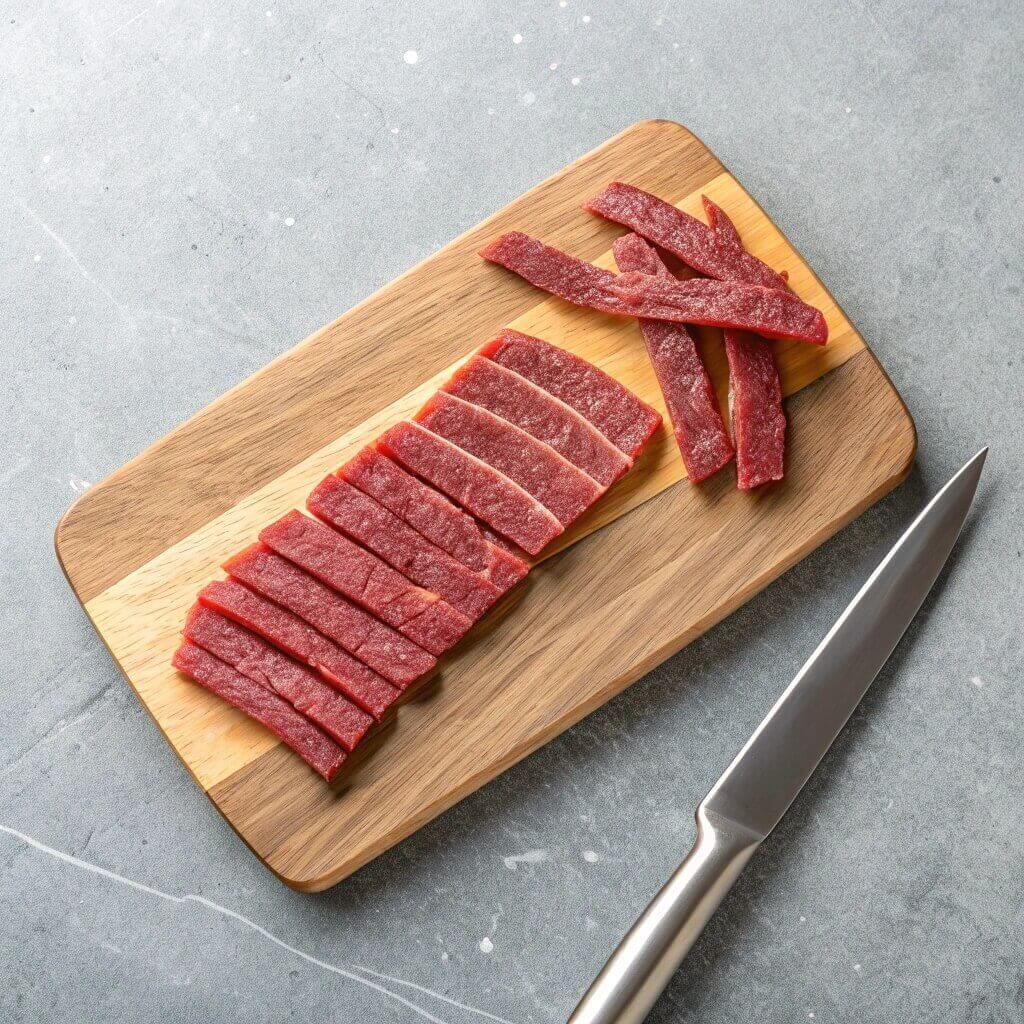 Raw beef on a wooden cutting board next to a sharp knife, ready for preparation.