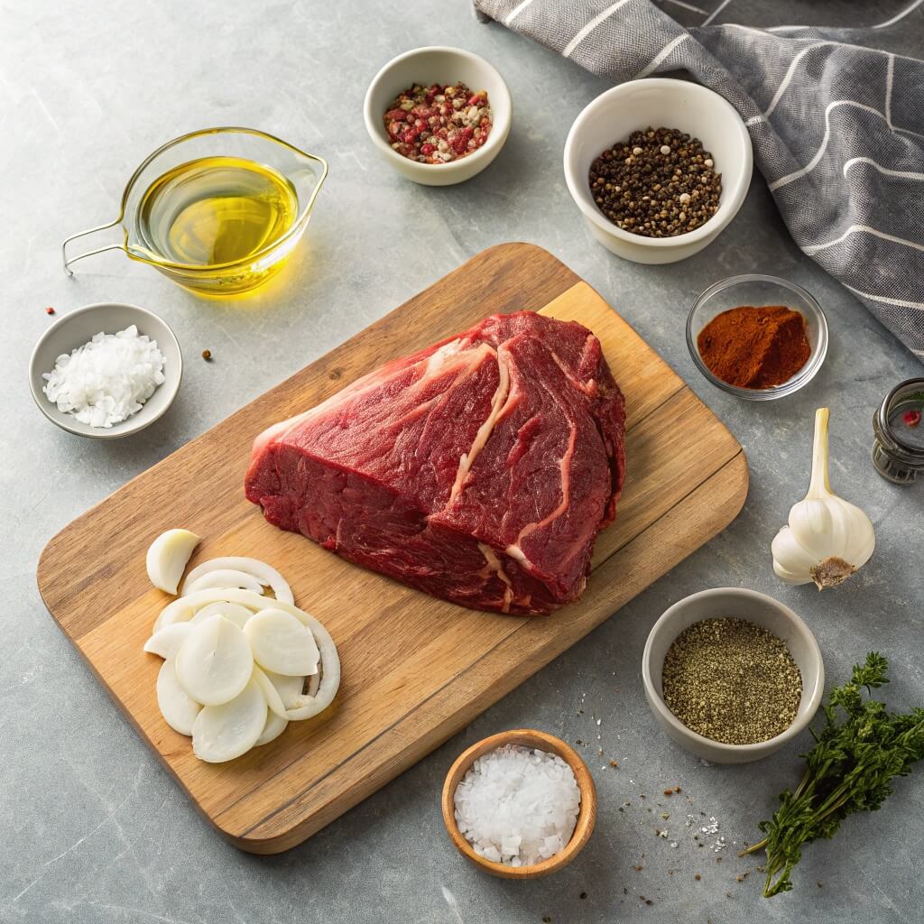 Fresh raw beef placed on a cutting board, accompanied by a selection of herbs and spices
Italian Beef