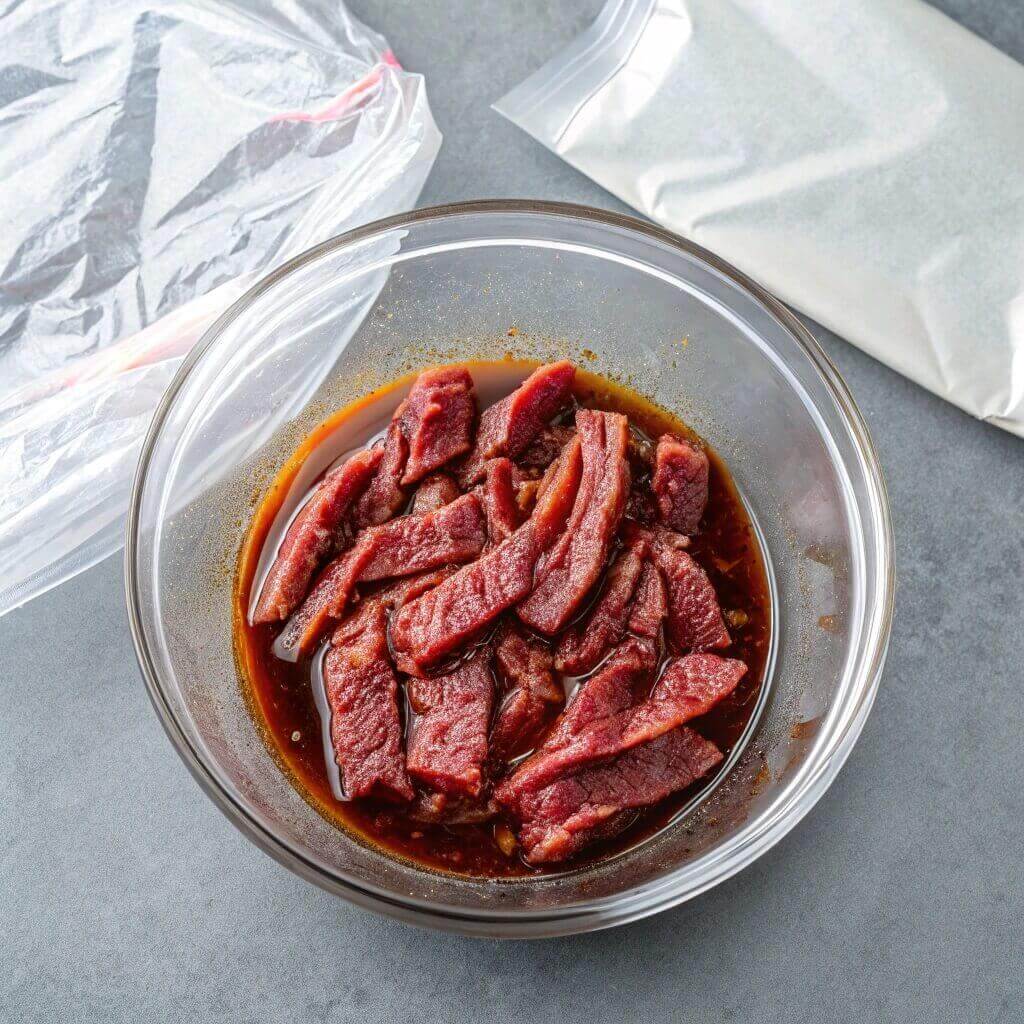 A bowl filled with raw meat next to a bag of seasoning, ready for cooking.