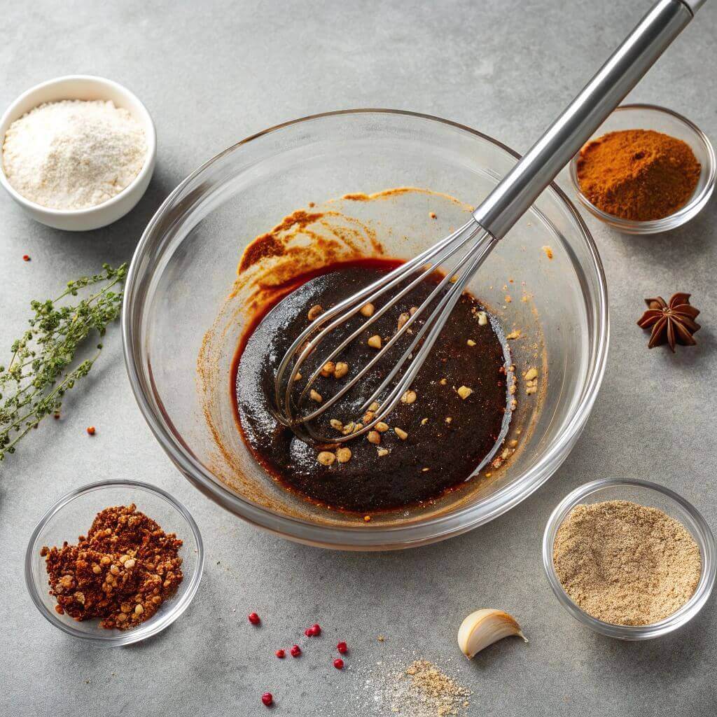 Close-up of a bowl containing sauce ingredients like chopped herbs, spices, and oil, ready for mixing.