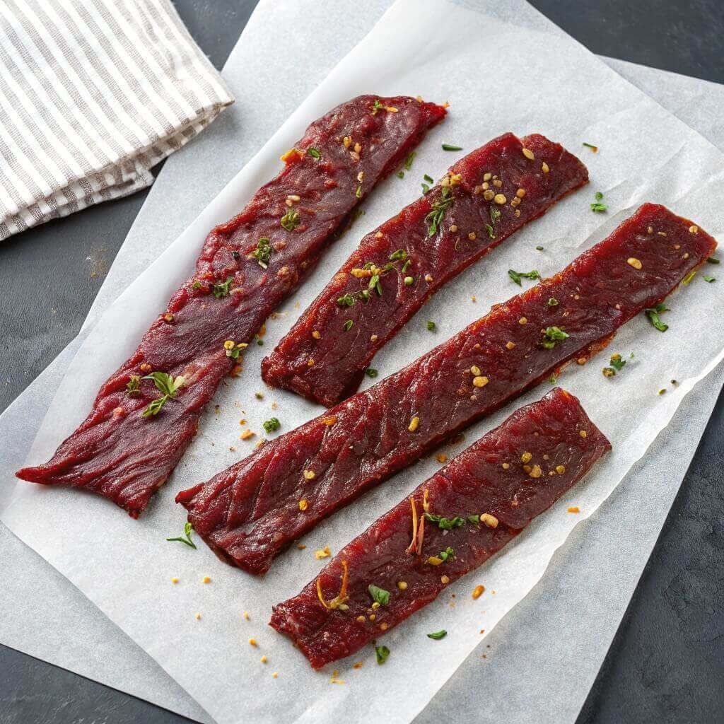 Four pieces of beef arranged on a sheet of parchment paper, ready for cooking or presentation.