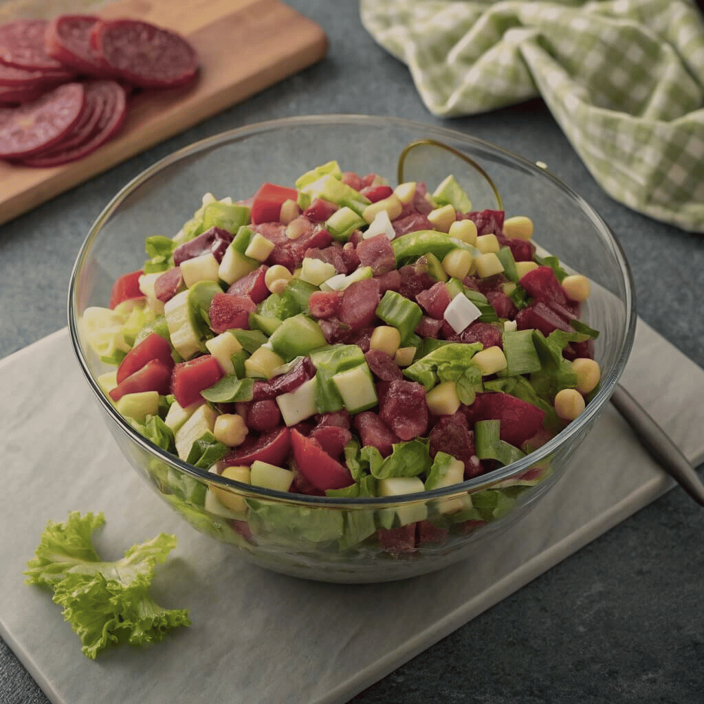  A glass bowl filled with a colorful salad featuring meat, fresh vegetables, and shredded cheese.
chopped salad