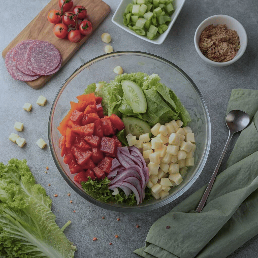 A bowl filled with fresh salad ingredients, accompanied by a knife resting beside it.

Chopped salad