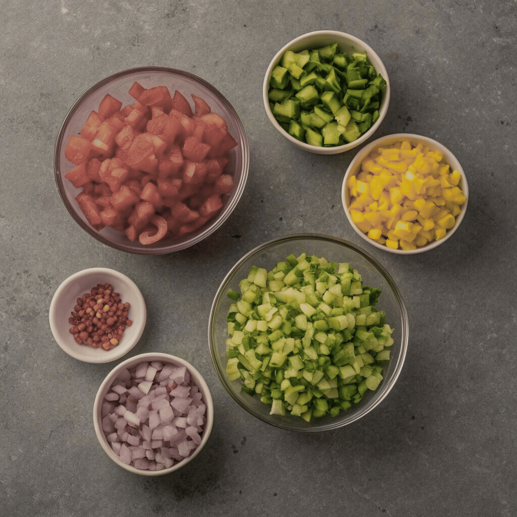 Bowls of chopped vegetables arranged on a textured concrete surface, showcasing a variety of colors and shapes.
