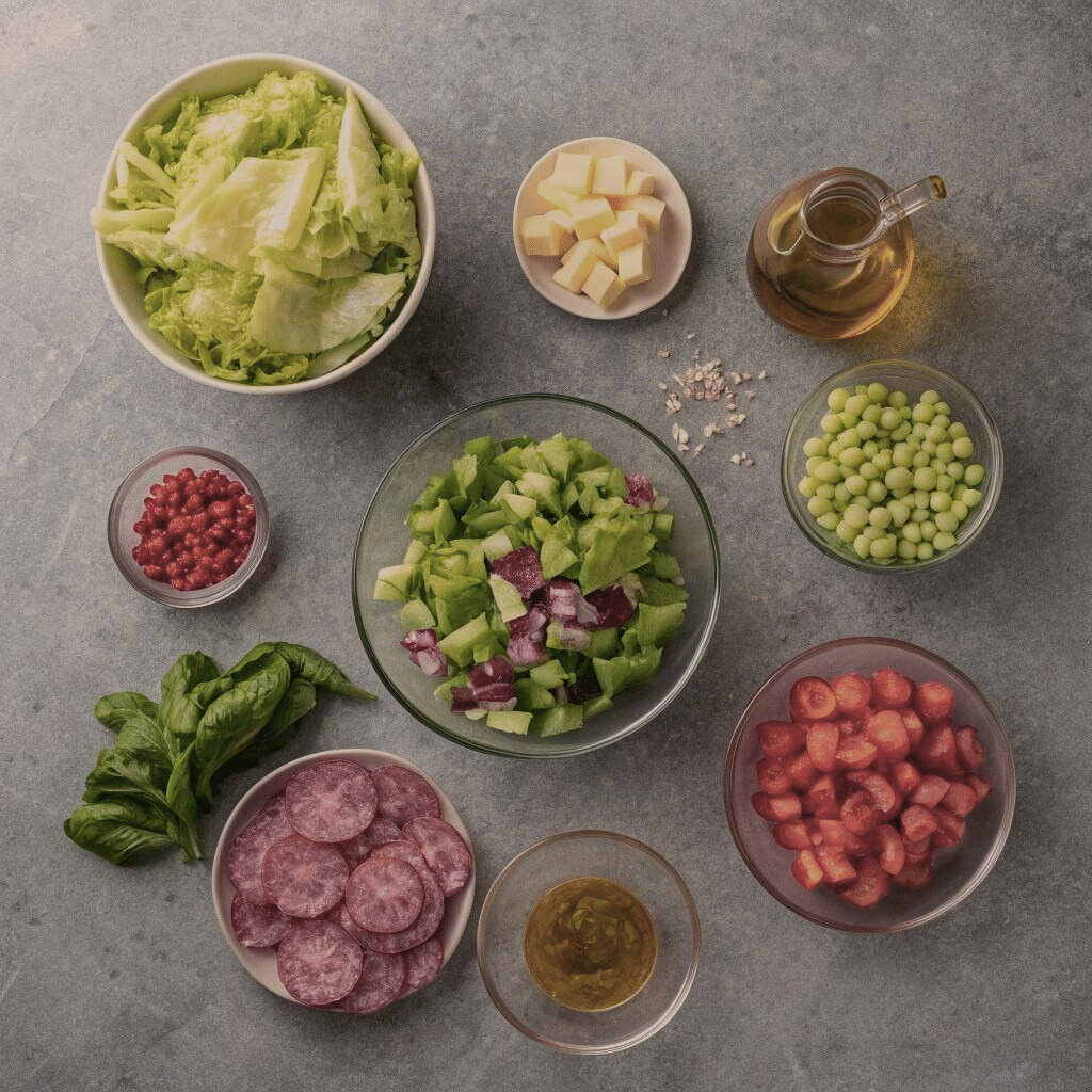 Fresh salad ingredients arranged on a concrete surface, including greens, tomatoes, and cucumbers.
Chopped Salad