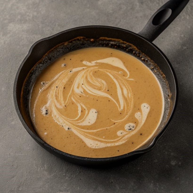 A pan filled with rich brown sauce sits on a wooden table, ready for use in cooking or serving.