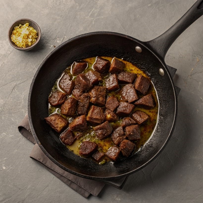 A skillet brimming with a mixture of meat and spices, highlighting a savory preparation for a delicious meal.