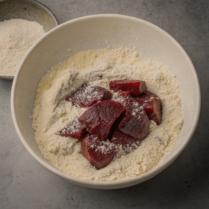 A white bowl containing flour and fresh beets, showcasing a mix of ingredients for cooking or baking.