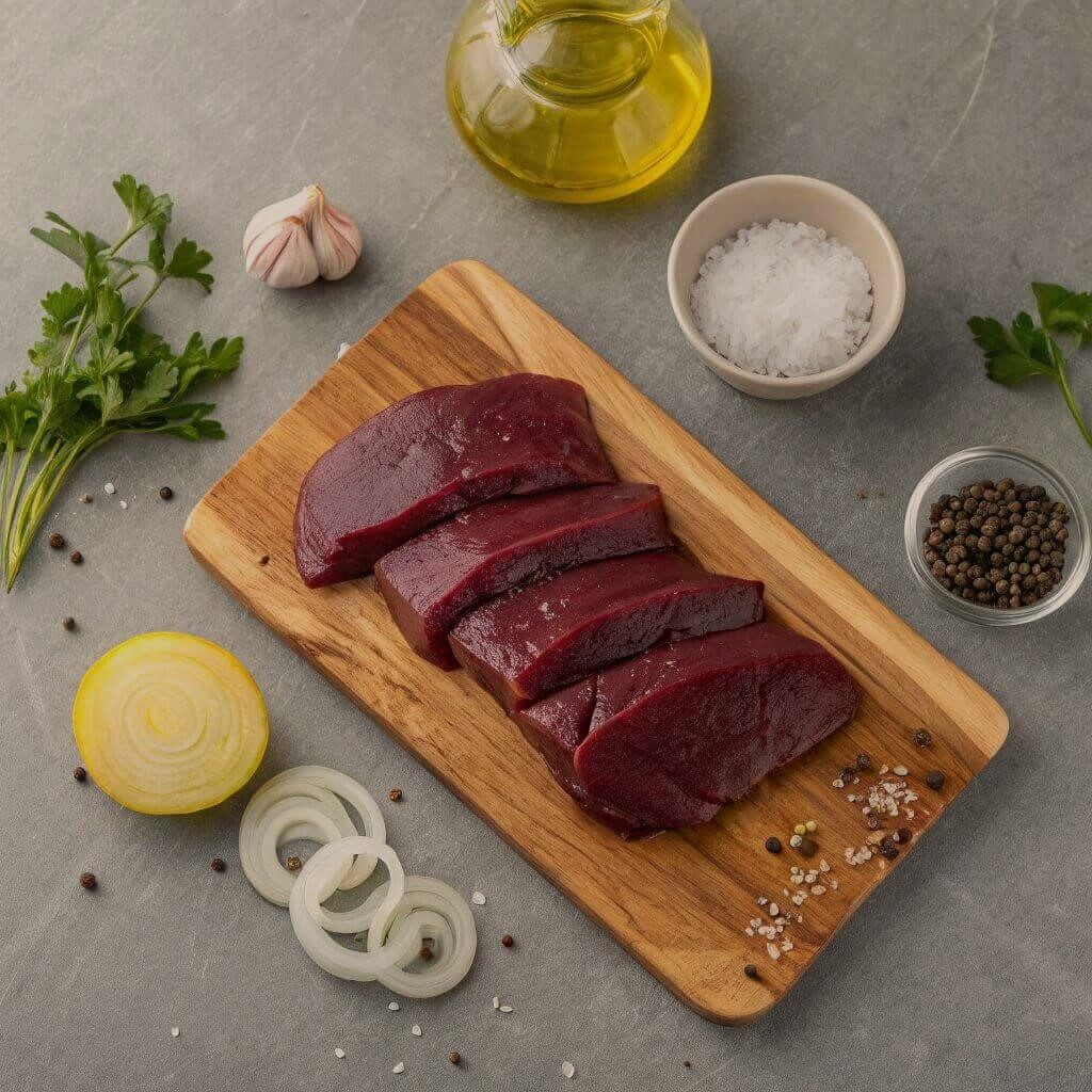 Raw beef on a cutting board surrounded by chopped onions, garlic, and an assortment of spices.