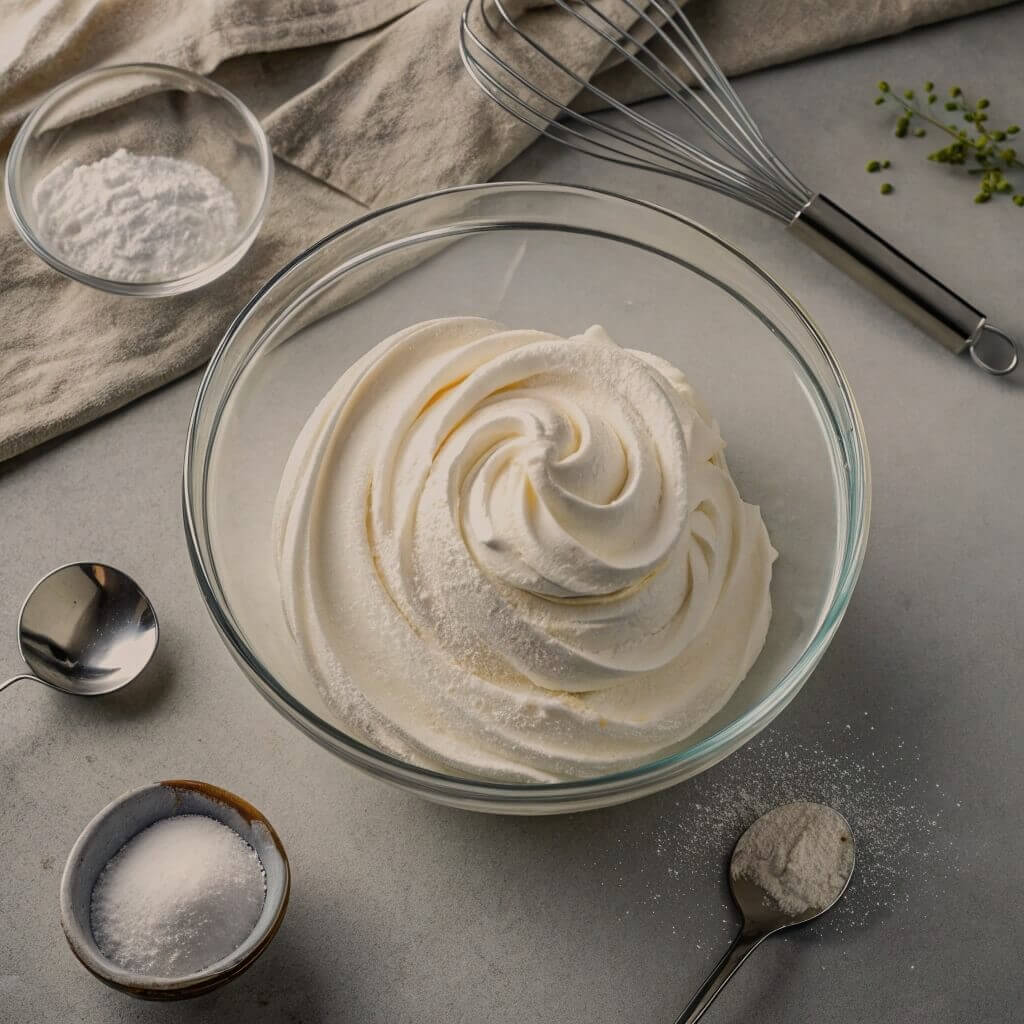 A bowl of fluffy whipped cream beside a whisk and various baking ingredients on a countertop.