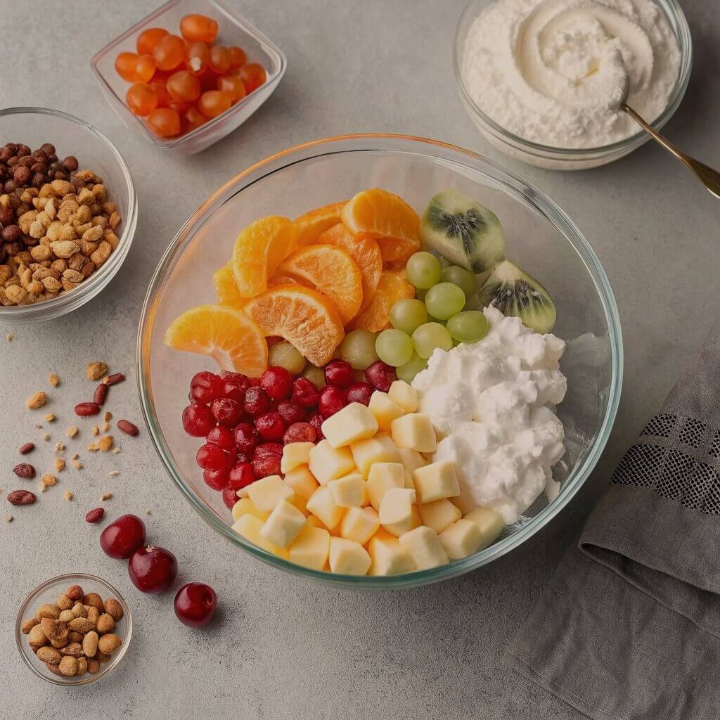 A bowl filled with assorted fruits, nuts, and yogurt, showcasing a colorful and nutritious mix of ingredients.