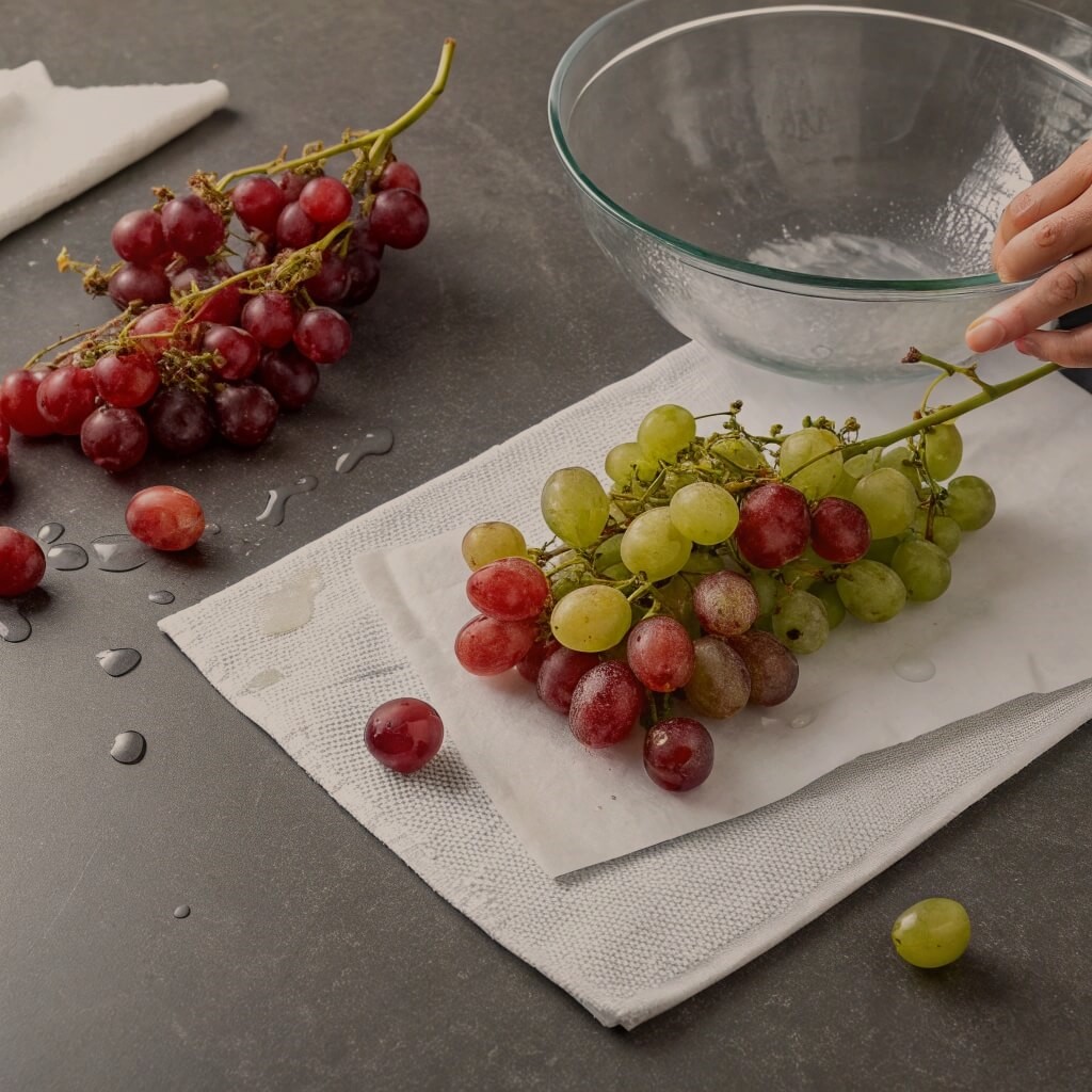 A person carefully cuts grapes into small pieces with a knife on a kitchen countertop.