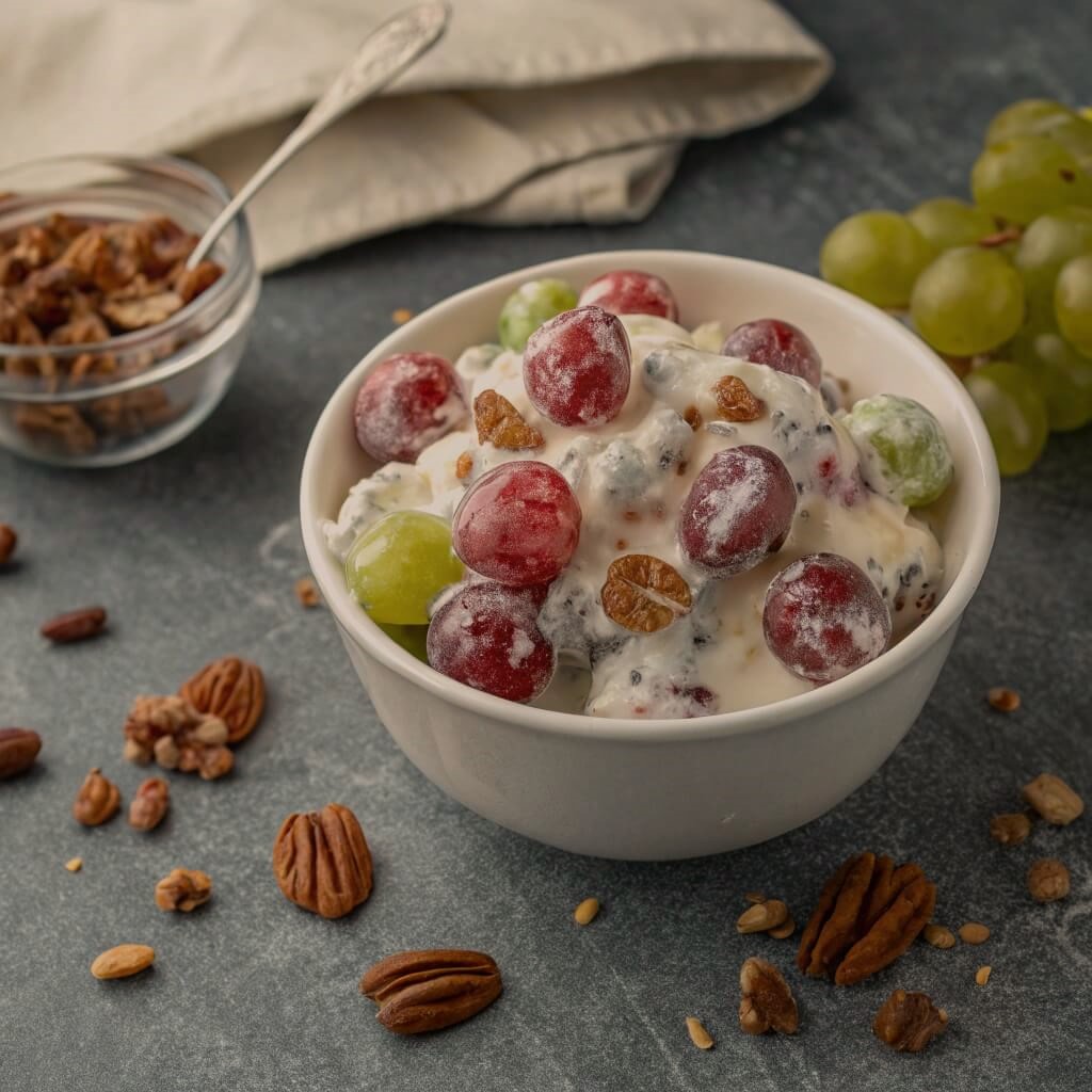 A bowl of granola featuring grapes and pecans, showcasing a mix of textures and colors.
Grape salad