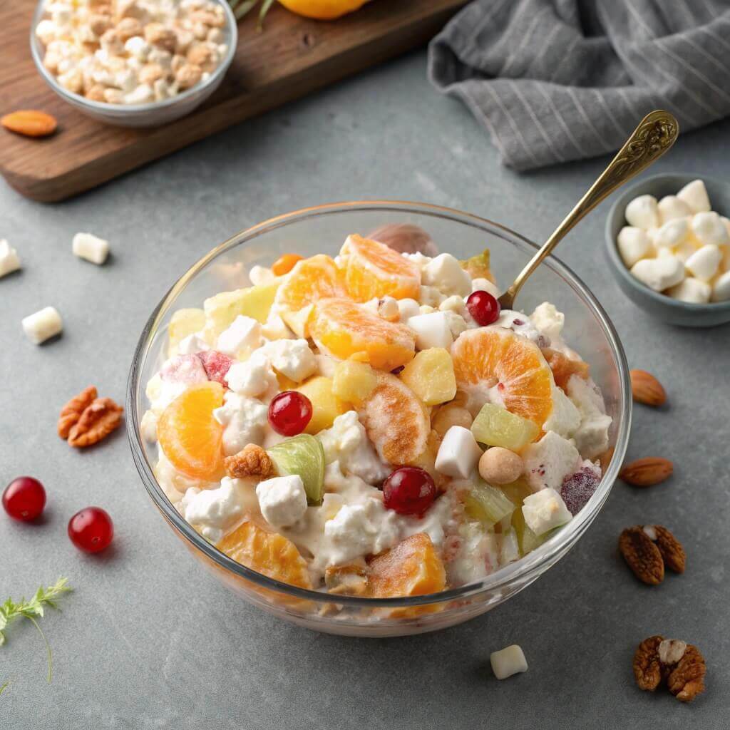 A colorful fruit salad topped with yogurt, nuts, and cherries, served in a clear bowl.
ambrosia salad recipe