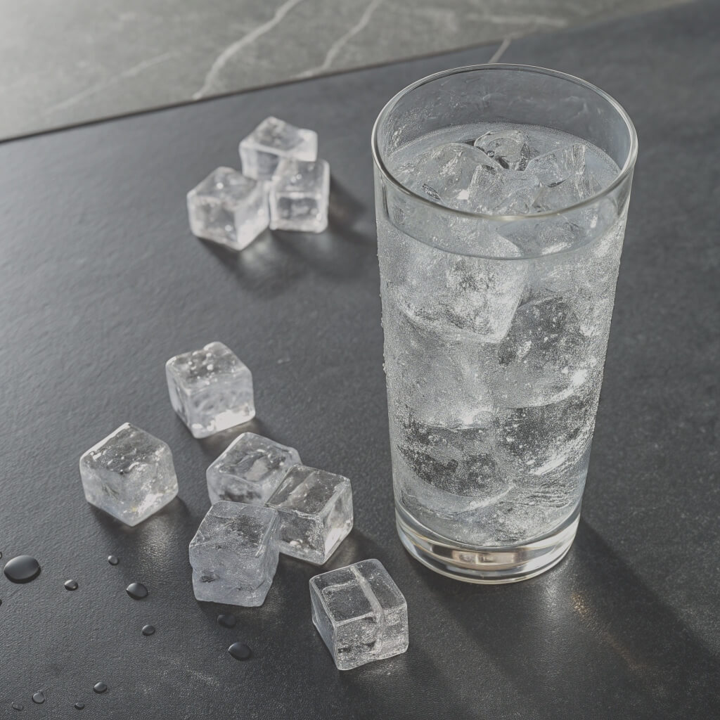 glass filed with water and ice cubes