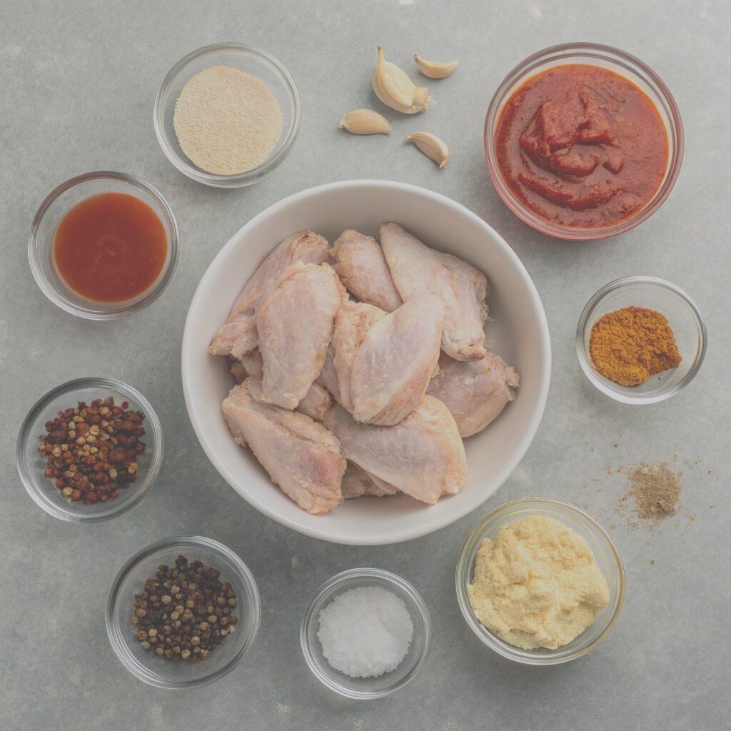 Ingredients for chicken wings arranged in bowls, including spices, sauces, and seasonings.

