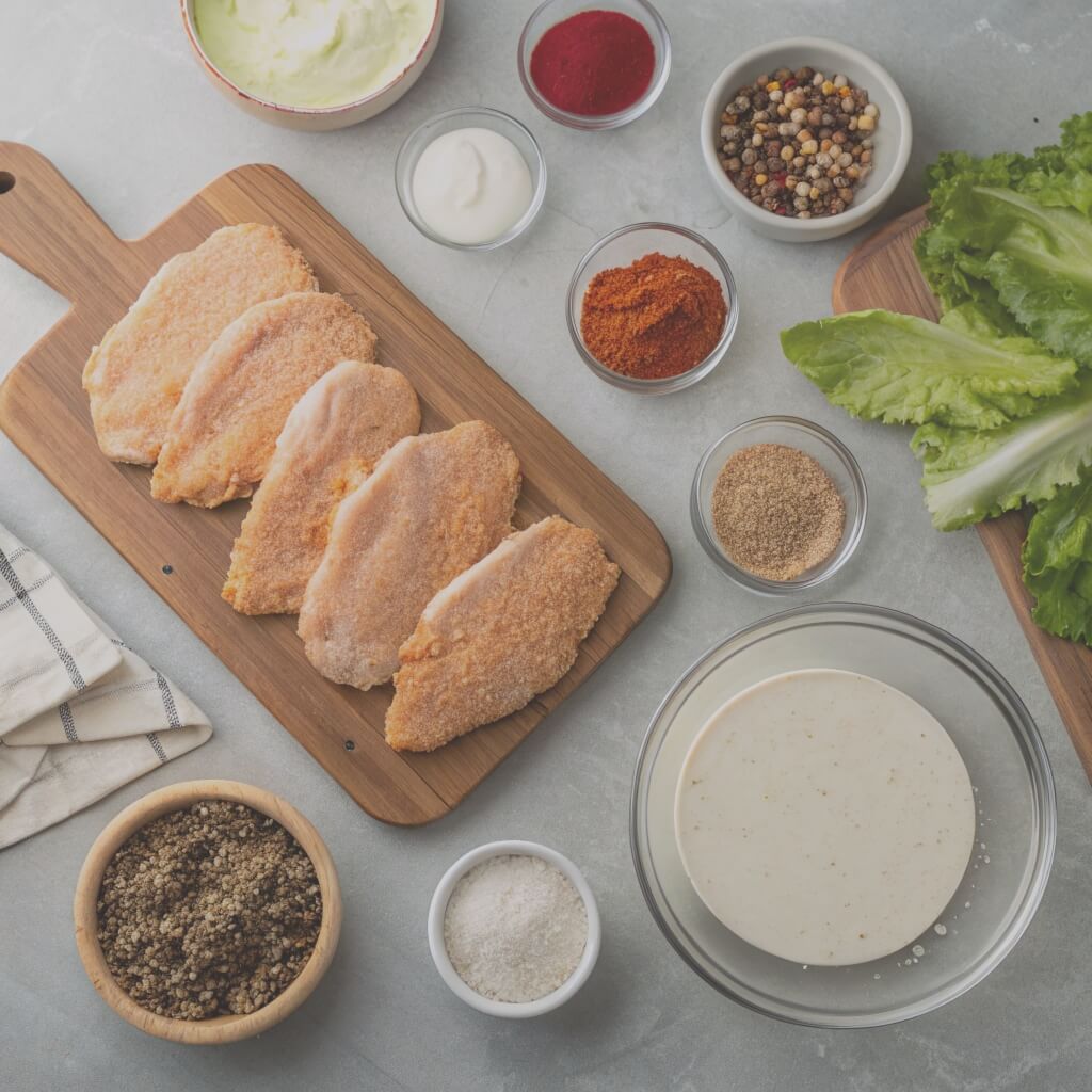 Chicken breast and various ingredients arranged on a wooden cutting board, ready for preparation.