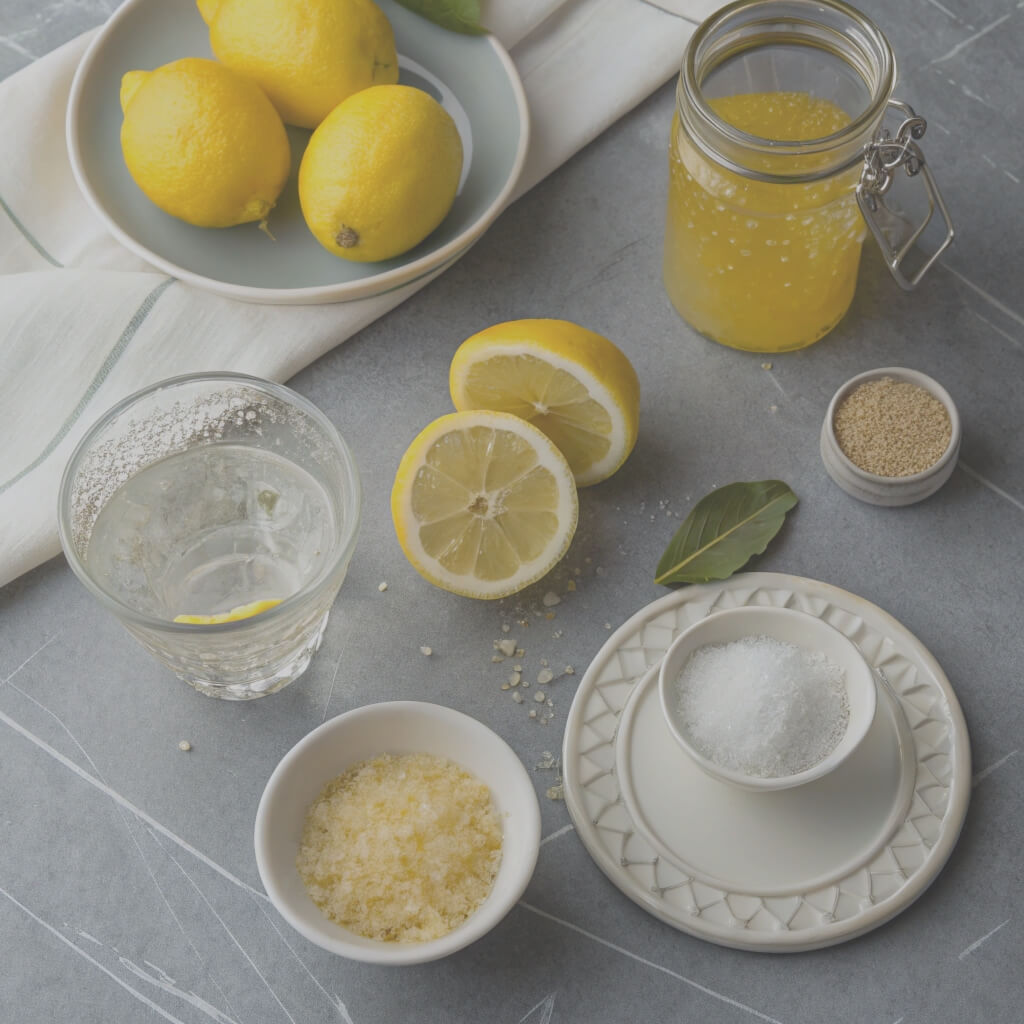 A collection of lemon juice, sugar, salt, and fresh lemon slices arranged on a wooden surface.