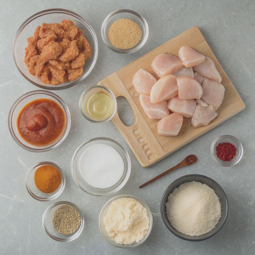 Ingredients for chicken nuggets arranged on a wooden cutting board, including chicken, breadcrumbs, and seasonings.

