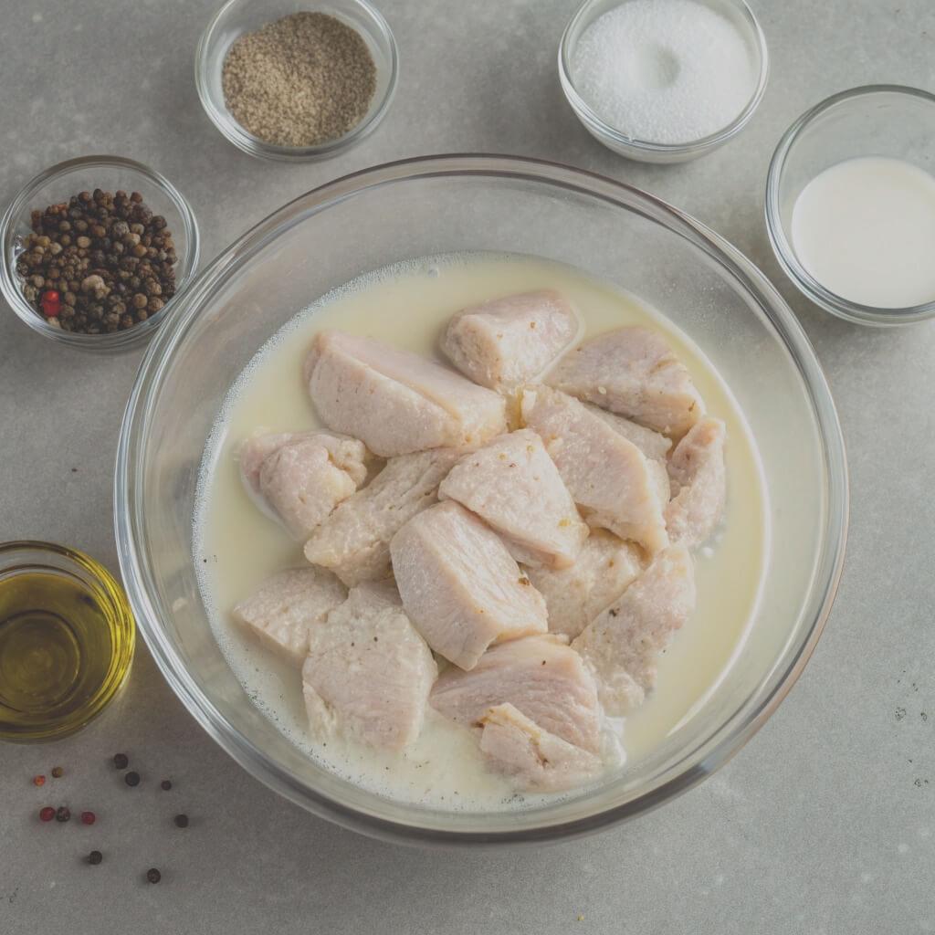 Chicken breast in a bowl surrounded by various spices and ingredients, ready for cooking or marinating.