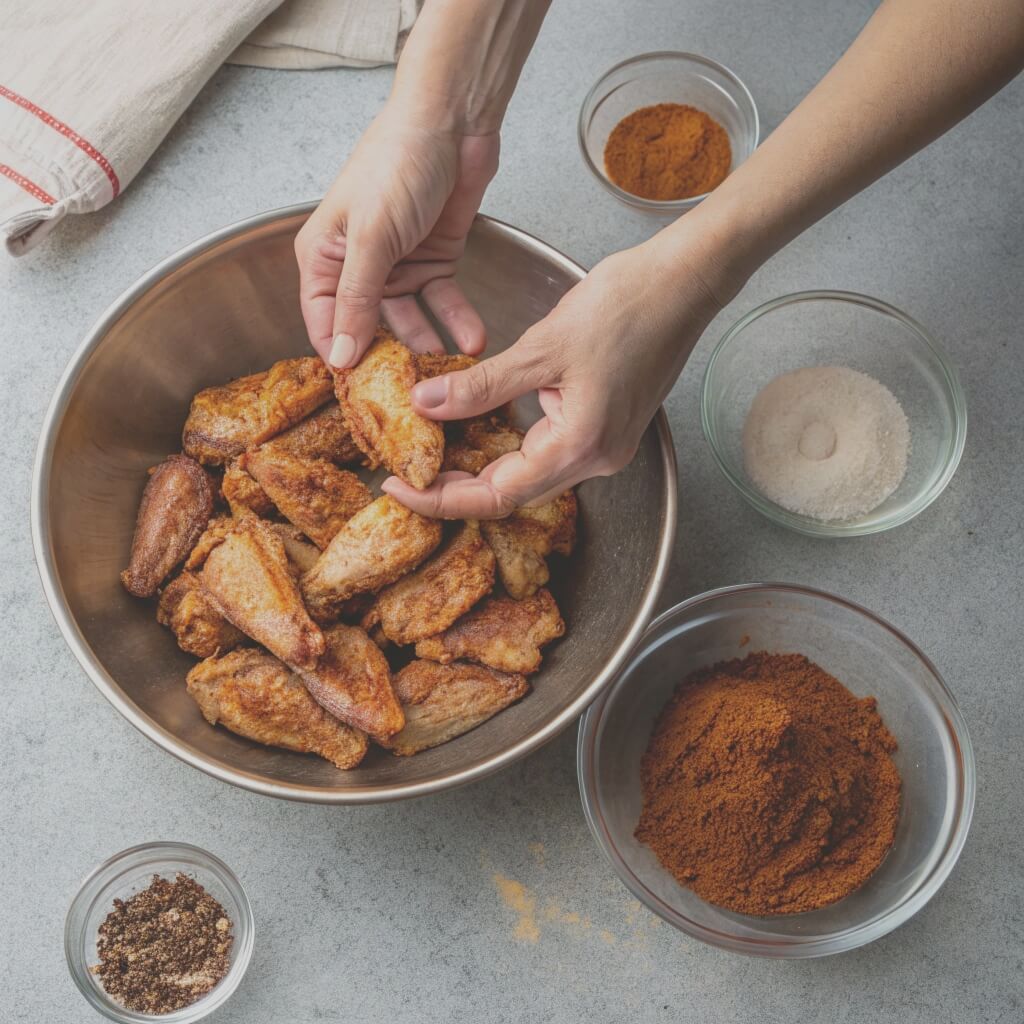 A person holds a bowl filled with golden-brown chicken wings, ready to be served or enjoyed.

