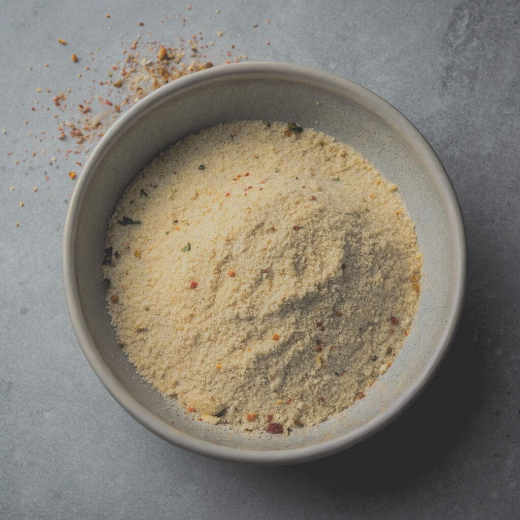 A bowl of colorful ground spices sits on a wooden table, showcasing a variety of textures and hues.