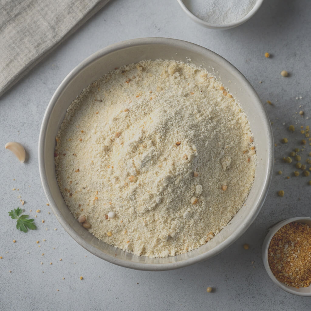 A bowl filled with flour and various spices sits on a wooden table, ready for cooking or baking.

