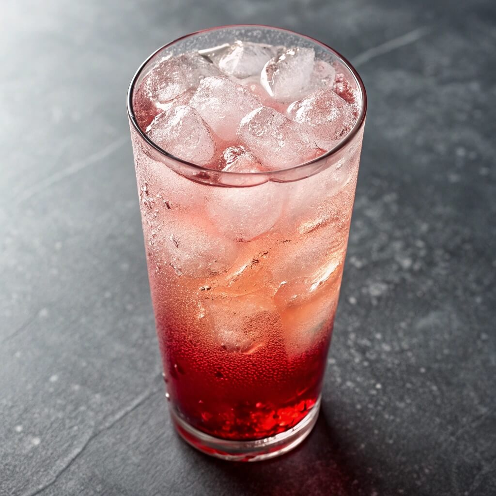 A glass filled with a red drink and ice cubes on top, set against a neutral background.
Shirley Temple Drink