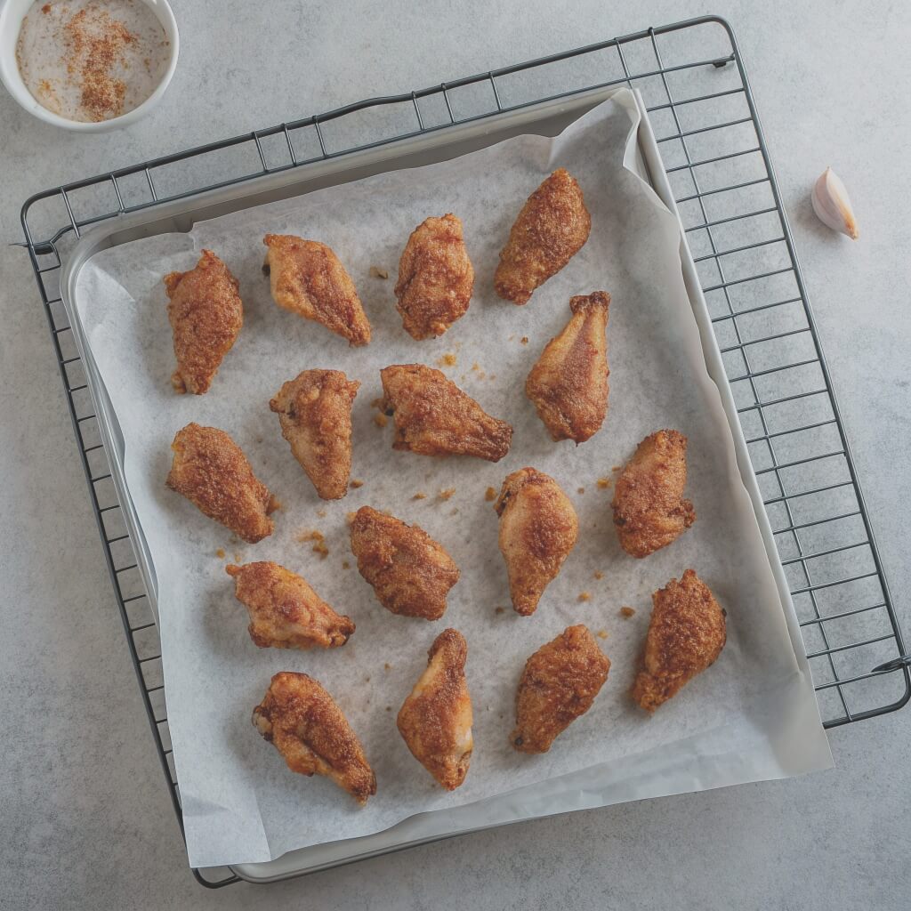 Baked chicken wings arranged on a baking sheet, golden brown and crispy, ready to be served.