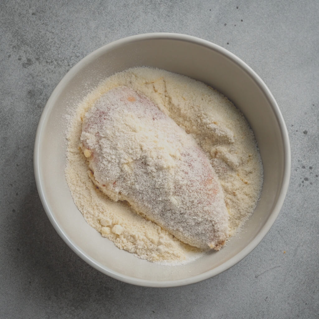 A bowl of flour containing a raw chicken breast, ready for cooking or preparation.